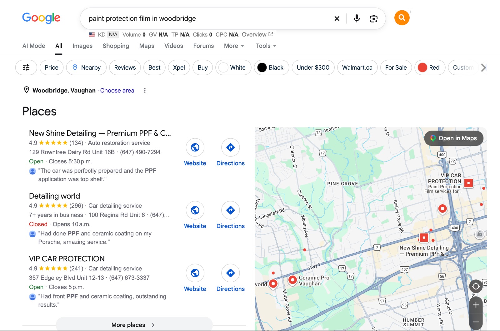 Google local results showing Detailing World in the map pack
