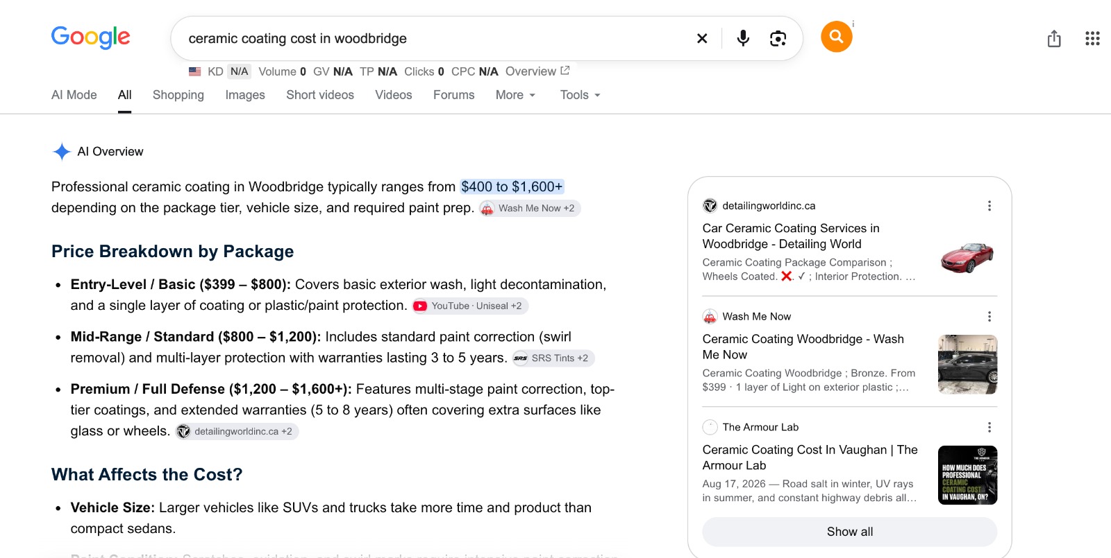 Google AI Overview citing Detailing World for ceramic coating cost