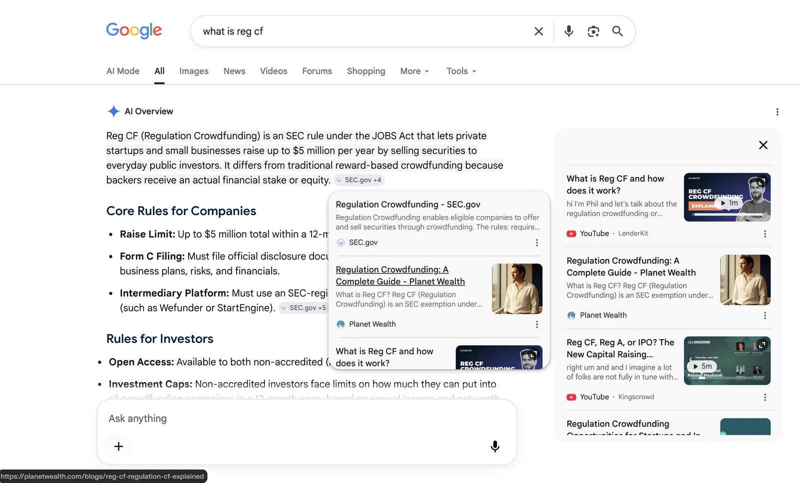 Google search for what is reg cf, 29 July 2026. The AI Overview source panel lists Regulation Crowdfunding from SEC.gov first and Regulation Crowdfunding: A Complete Guide from Planet Wealth second.