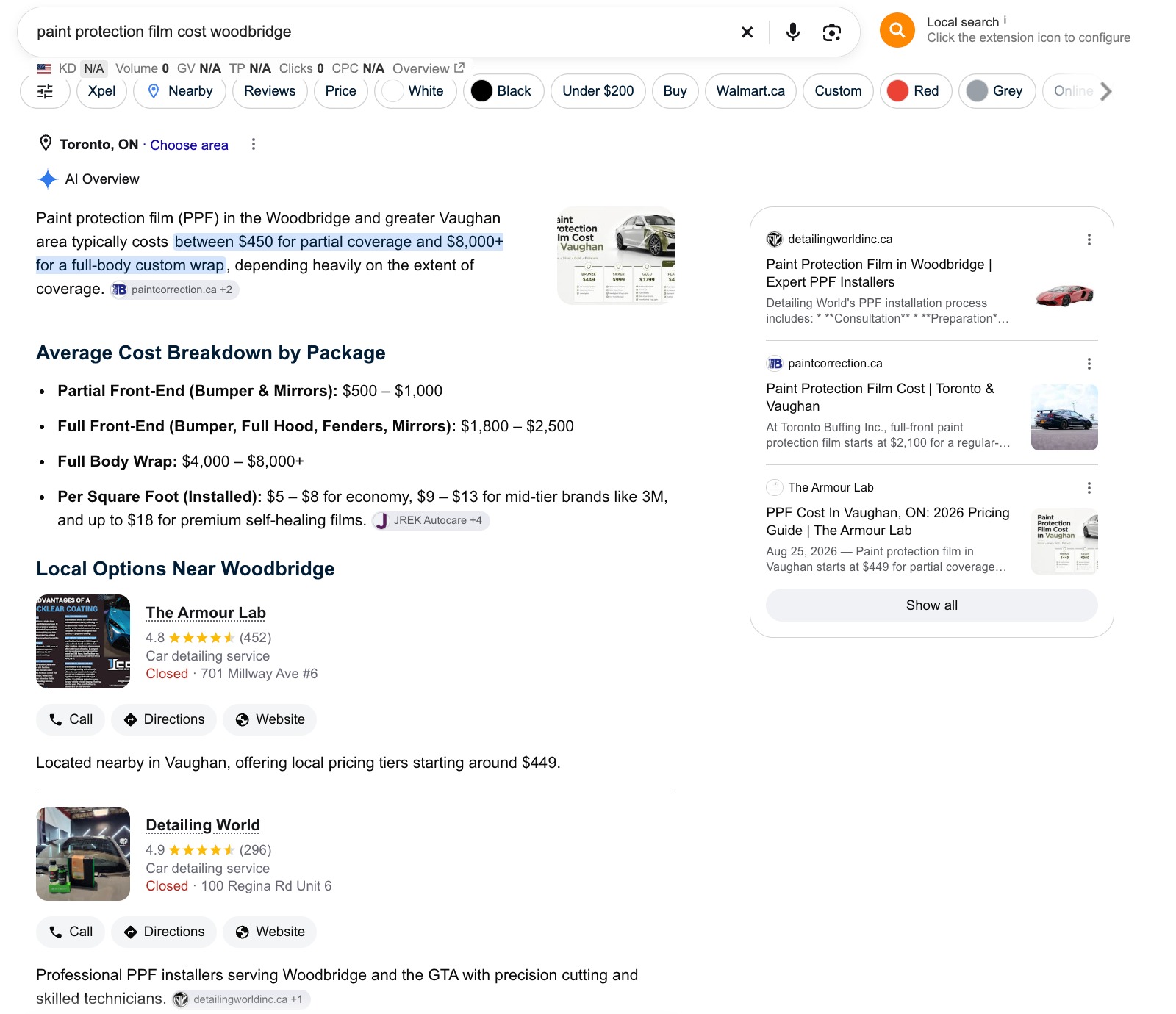 Google AI Overview citing Detailing World for paint protection film cost