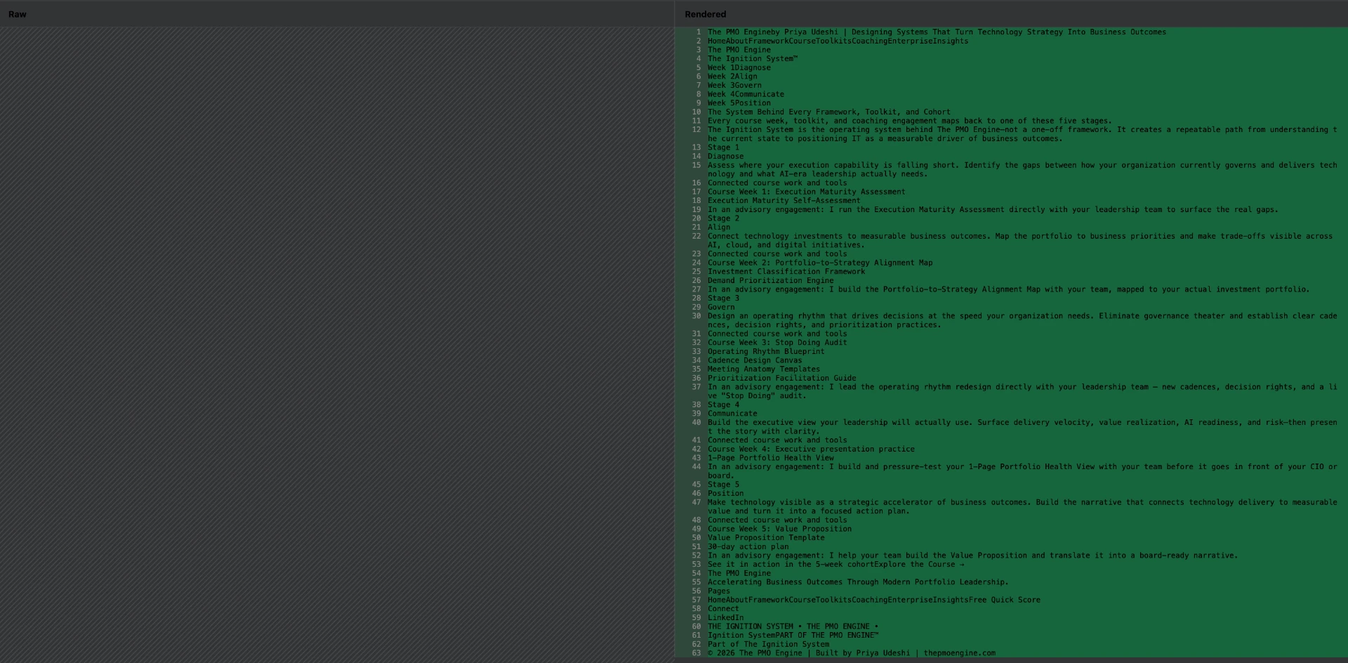 Side-by-side comparison of a page's raw HTML, which shows an almost empty shell, and its rendered HTML, which shows the full line-by-line text content