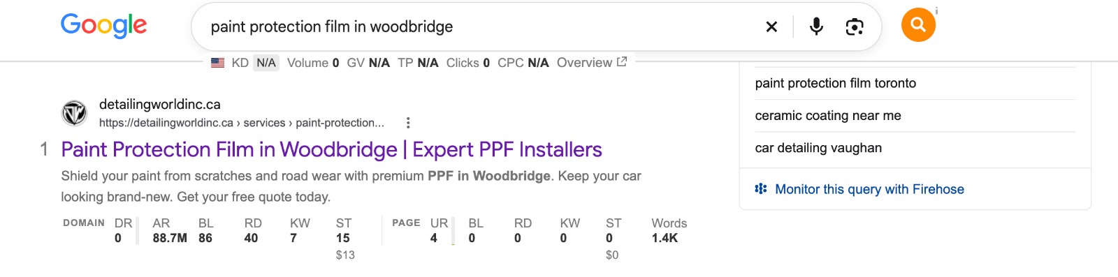 Google result ranking Detailing World's paint protection film page first